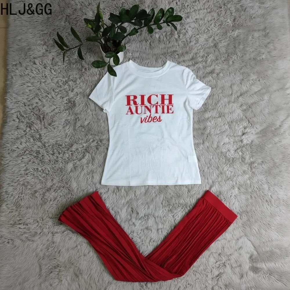 HLJ&GG Casual Letter Print Pleated Skirts Two Piece Sets Women O Neck Short Sleeve Tshirt And Skirts Outfit Female 2pcs Clothing