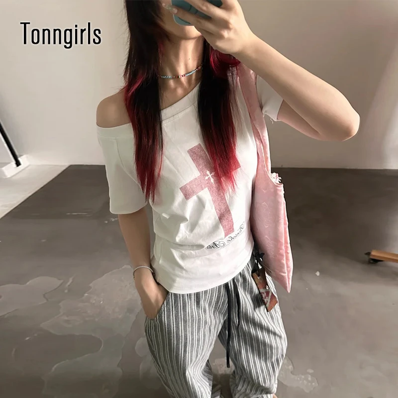 

Tonngirls корейский стиль футболка с принтом женская с коротким рукавом с открытыми плечами Y2k винтажные топы японский 2000-х годов графические топы футболка уличная одежда
