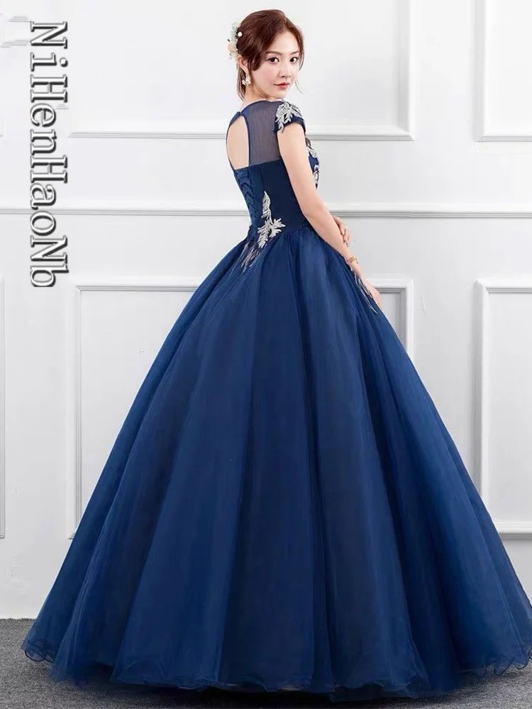 Blue Quinceanera Dresses Flower Appliqués Ball Gown Elegant Exquisite Prom Dress Custom Made Vestidos De 15