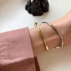 PANJBJ 925 Sterling Silver Irregular Geometry Texture Bangle Bracelet for Women Girl Minimalism Jewelry Gift Dropshipping
