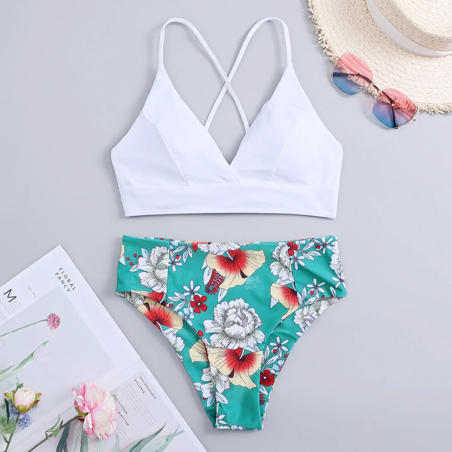 

Бикини с высокой талией, купальник, женский бразильский комплект бикини, купальный костюм с цветочным принтом, мягкий 2024, пляжная одежда с лямкой на шее, купальный костюм