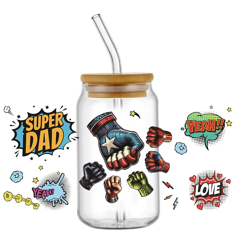 Cartoon Fist of Justice Pattern UV DTF Transfer Sticker Waterproof Transfers Decals For 16oz Glass Cup Wrap Stickers