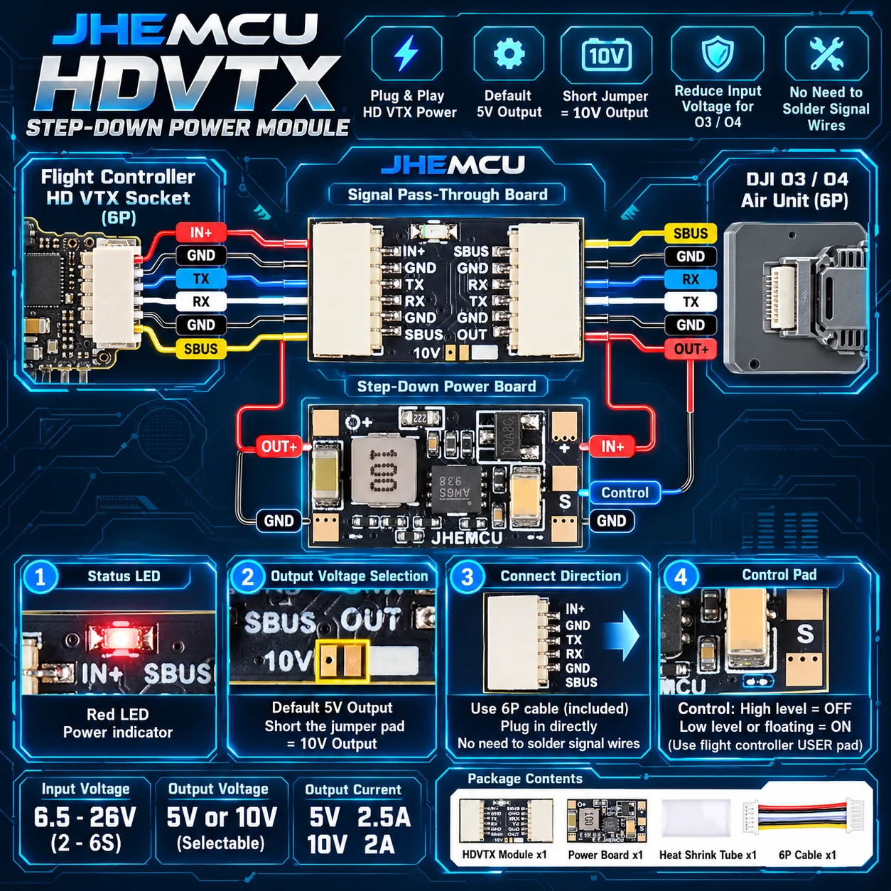 JHEMCU HDVTX Module Step-Down Power Reduces Input Voltage for DJI O3 O4 Air Unit Voltage Regulator For RC FPV Racing Drone Plane