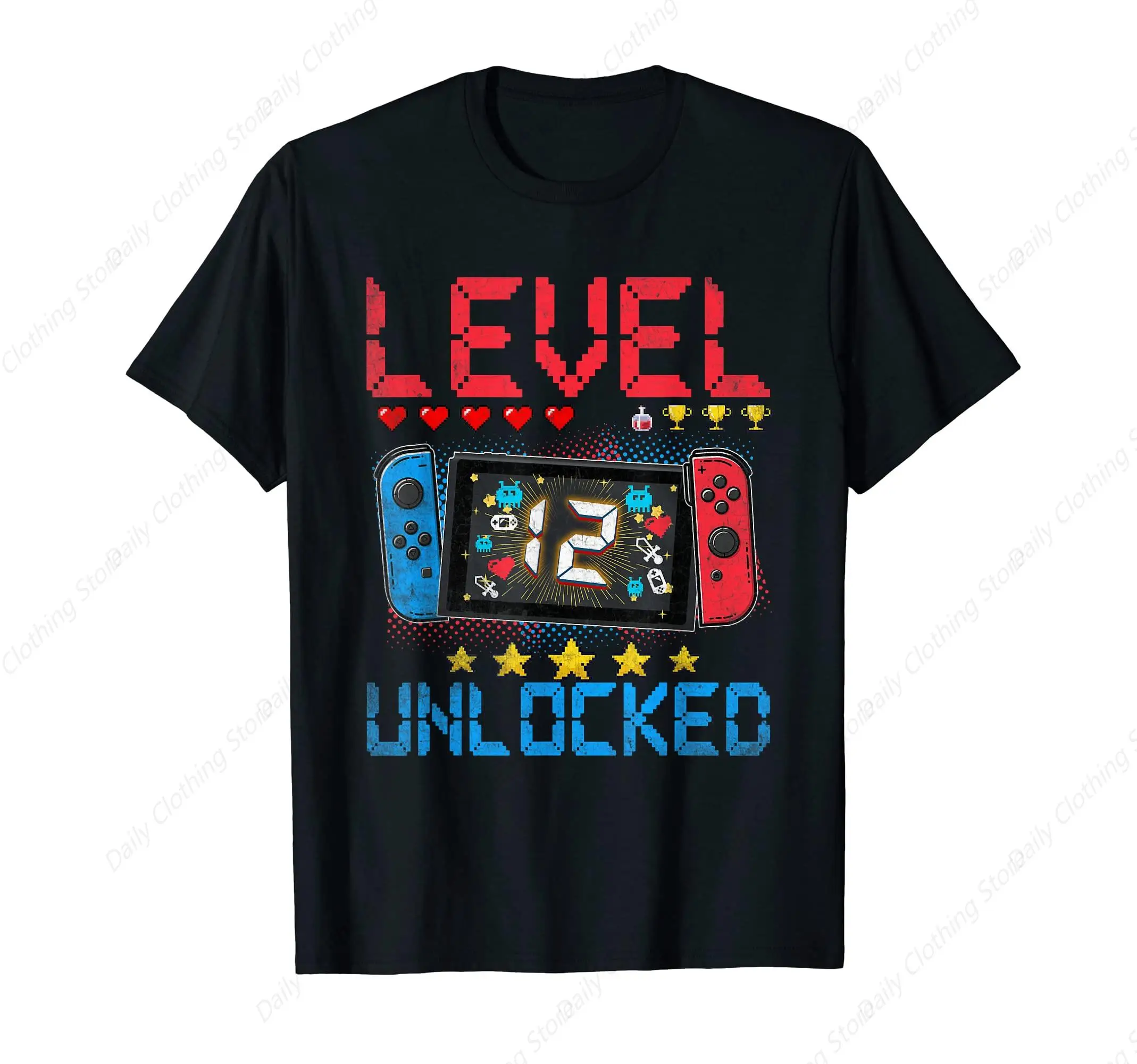 Level 12 Unlocked Video Gamer 12th Birthday Gift 12 Year Old T-Shirt Cotton Tee Daily Soft Unisex Clothing Tops