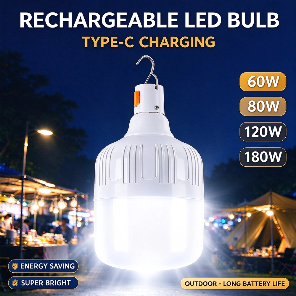 60W/80W/120W/180W LED Emergency Bulb Portable Outdoor BBQ Camping Lights Type-C Rechargeable Flash Lamp High Power Night Light