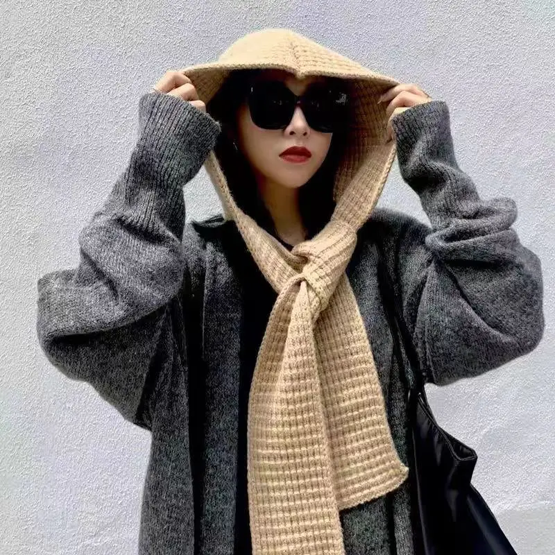 

Autumn and Winter Knitted Hat with Thickened Warm Integrated Scarf, Korean Style for Women, Soft and Cozy Essential