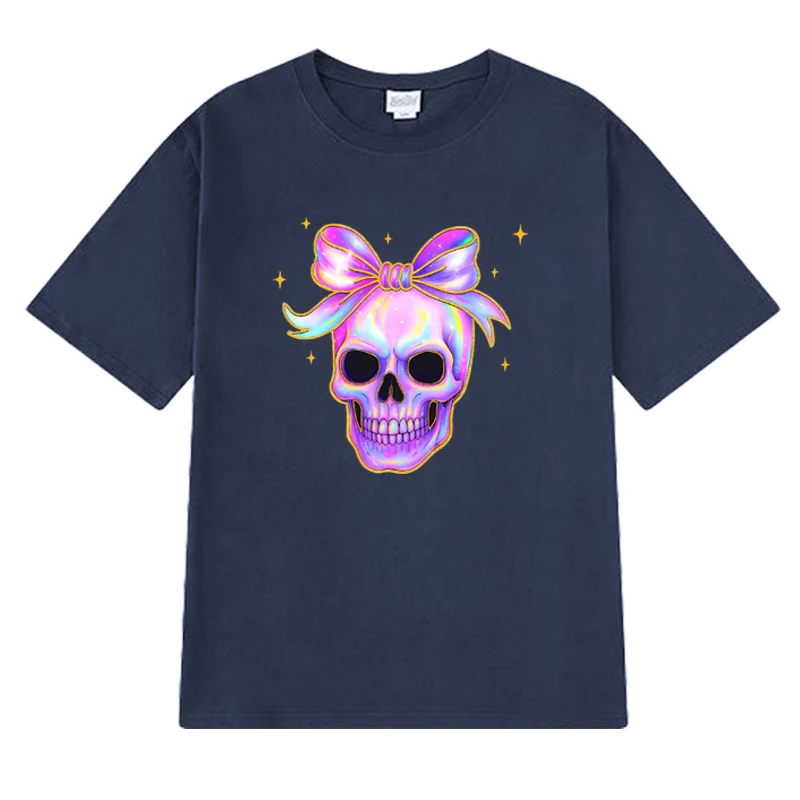 2025 Hochwertige schillernde Totenkopf-T-Shirts für Männer und Frauen, Halloween, Vintage, übergroße Tops, Unisex, 100 % Baumwolle, kurzärmeliges T-Shirt
