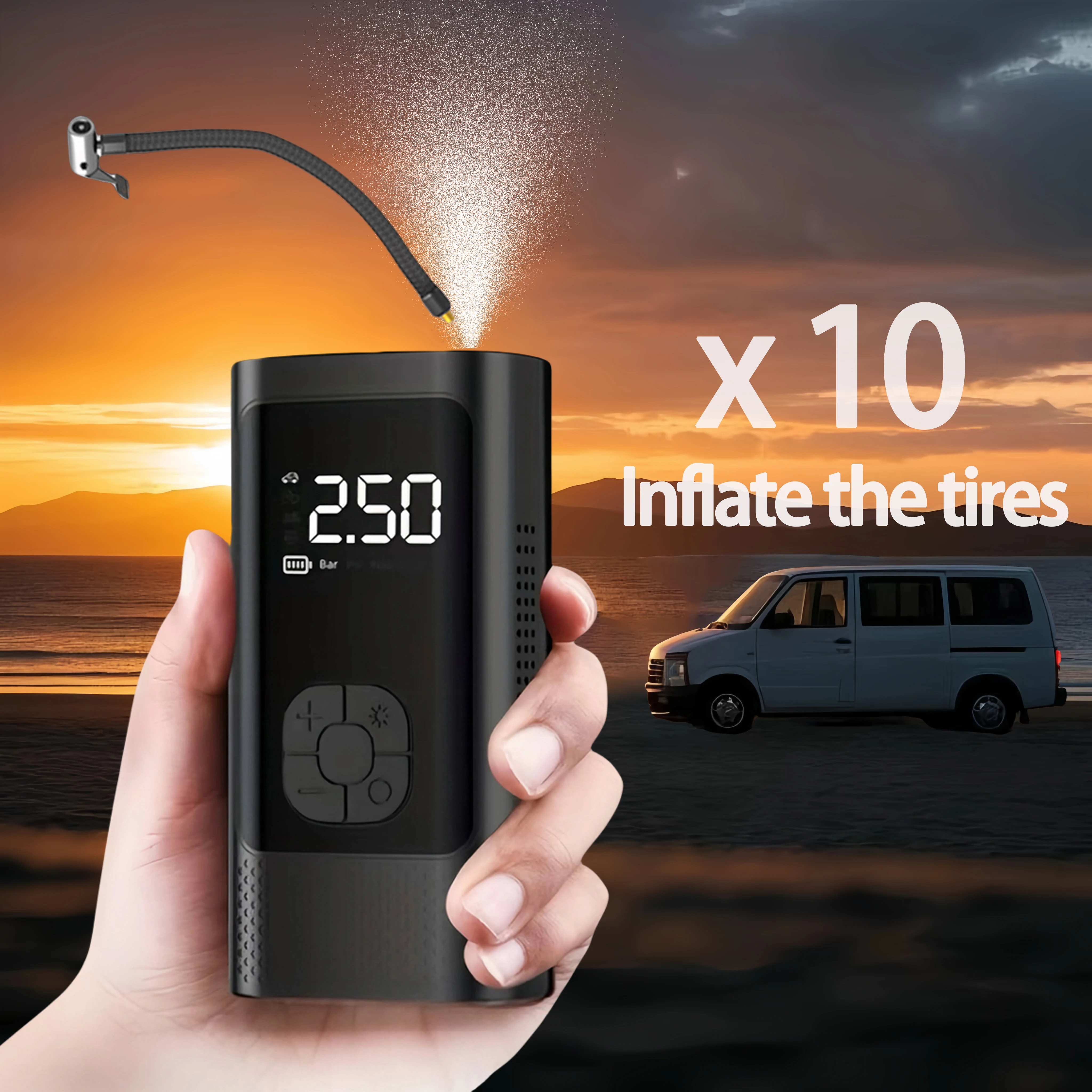 Inflatable Pump Portable Handheld 2 power supply modes and 4 preset air pressures Digital Display Car Motorcycle Tire