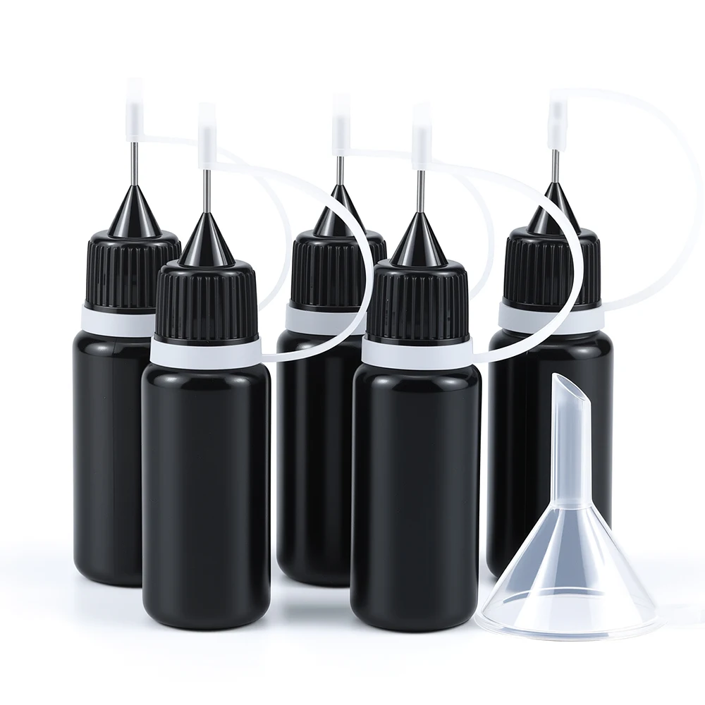 5pcs 10ml Plastic Squeezable Needle Bottles Tip Black UV Glue Applicator Bottle with 1 Mini Funnels for DIY Paint Paper Quilling