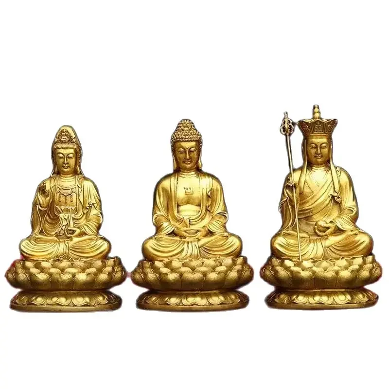 Exquisite brass statue of three holy Buddha statues, one foot seated statue of Guanyin, Shakyamuni Buddha, bronze statue of Ksi