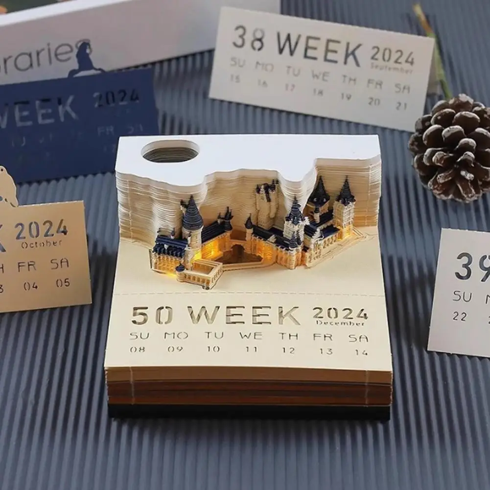 1 Set 8cm Weekly Calendar Creativity 3D Castle Calendar With LED Lights Paper Carving Art Desk Calendar For Home Office Decor