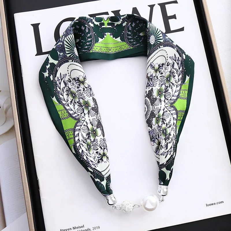 Spring Autumn Shirt Decoration Pearl Magnetic Snap Imitated Silk Scarf Necklace Ladies Fashion Floral Printed Neckerchief