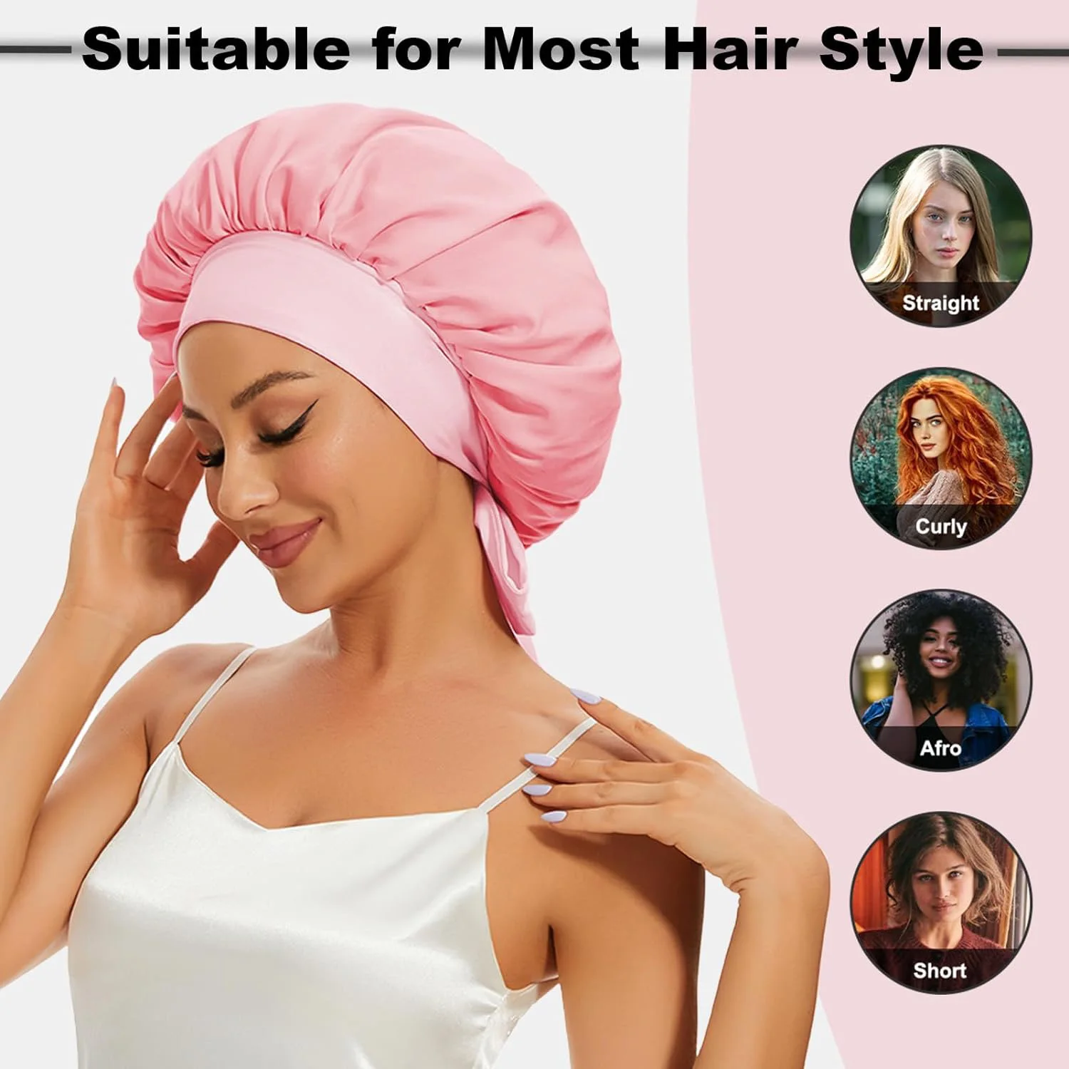 Schlafhaube für Damen, geeignet für lockiges Haar, verstellbare Satin-Schlafmütze mit Augenmaske und Haargummi, elastisch, schont das Haar, Haarpflege-Nachtmütze. – Detail 5