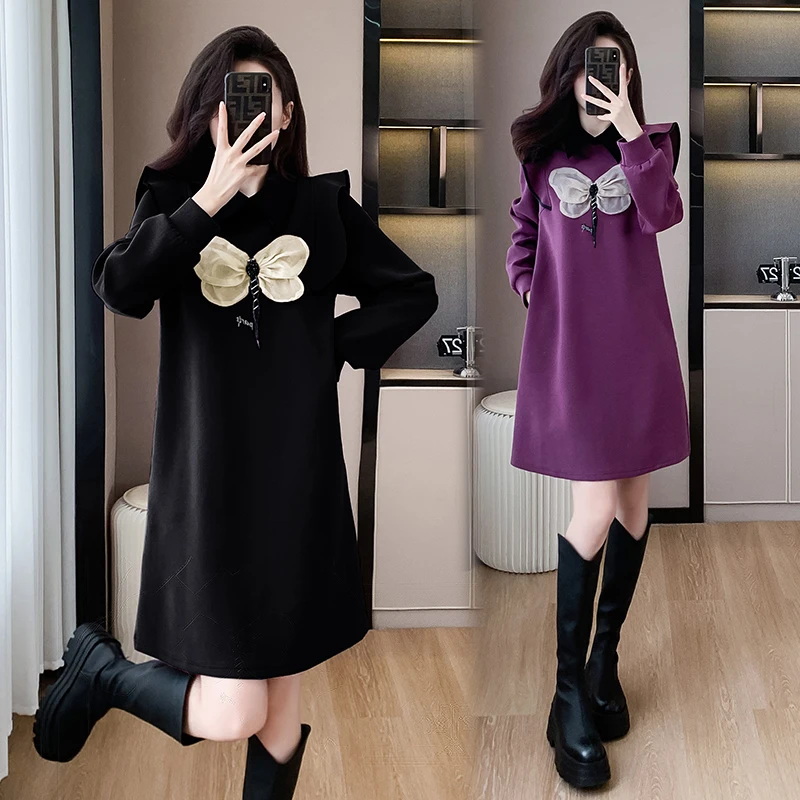 Women Cotton Mini Dresses Female O Neck Long Sleeve Large Size Elegant Autumn ​Winter 3D Decoration Black Purple Loose Vestidos