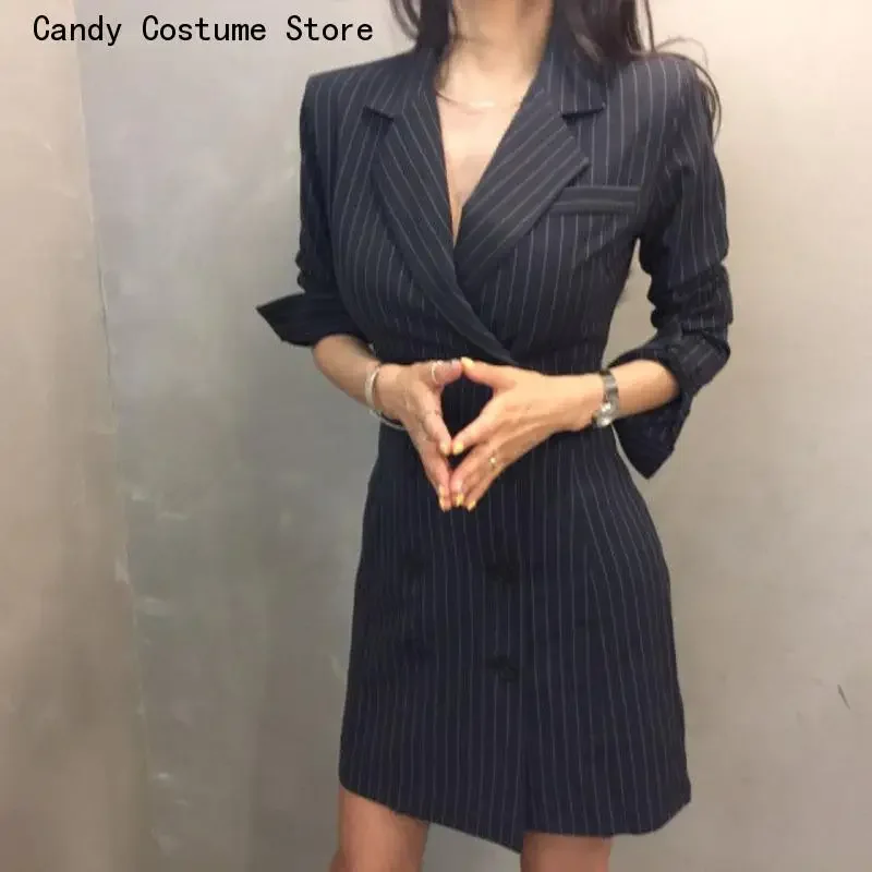 

Long Sleeve Mini Dress Aesthetic Harajuku Robe Summer Dresses For Women Casual OL Vintage Stripe Blazer Dress Elegant