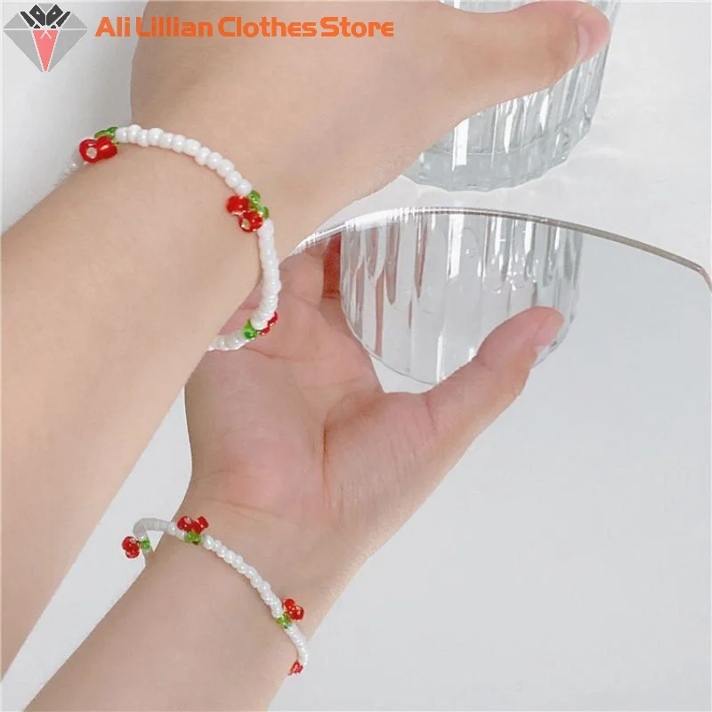 Summer Niche Fresh White Crystal Beaded Bracelet Hand-woven Stylish Simplicity Cherry Bracelet Jewelry Girls Party Gifts