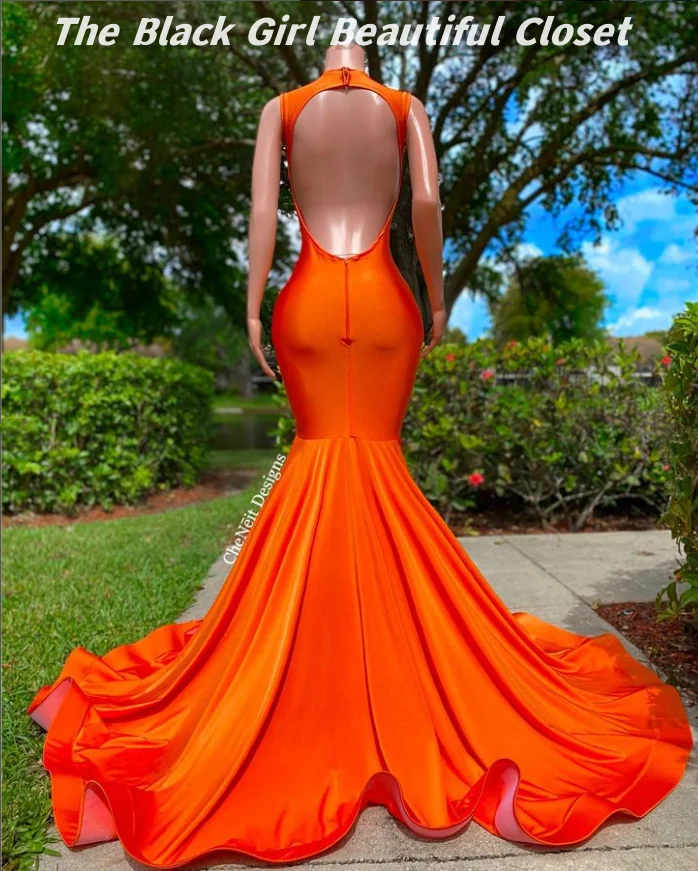 High Luxury Orange Cocktail Dresses 2024 Black Girls Glitter Diamonds Pearls Formal Dresses Sexy Backless Party Dresses