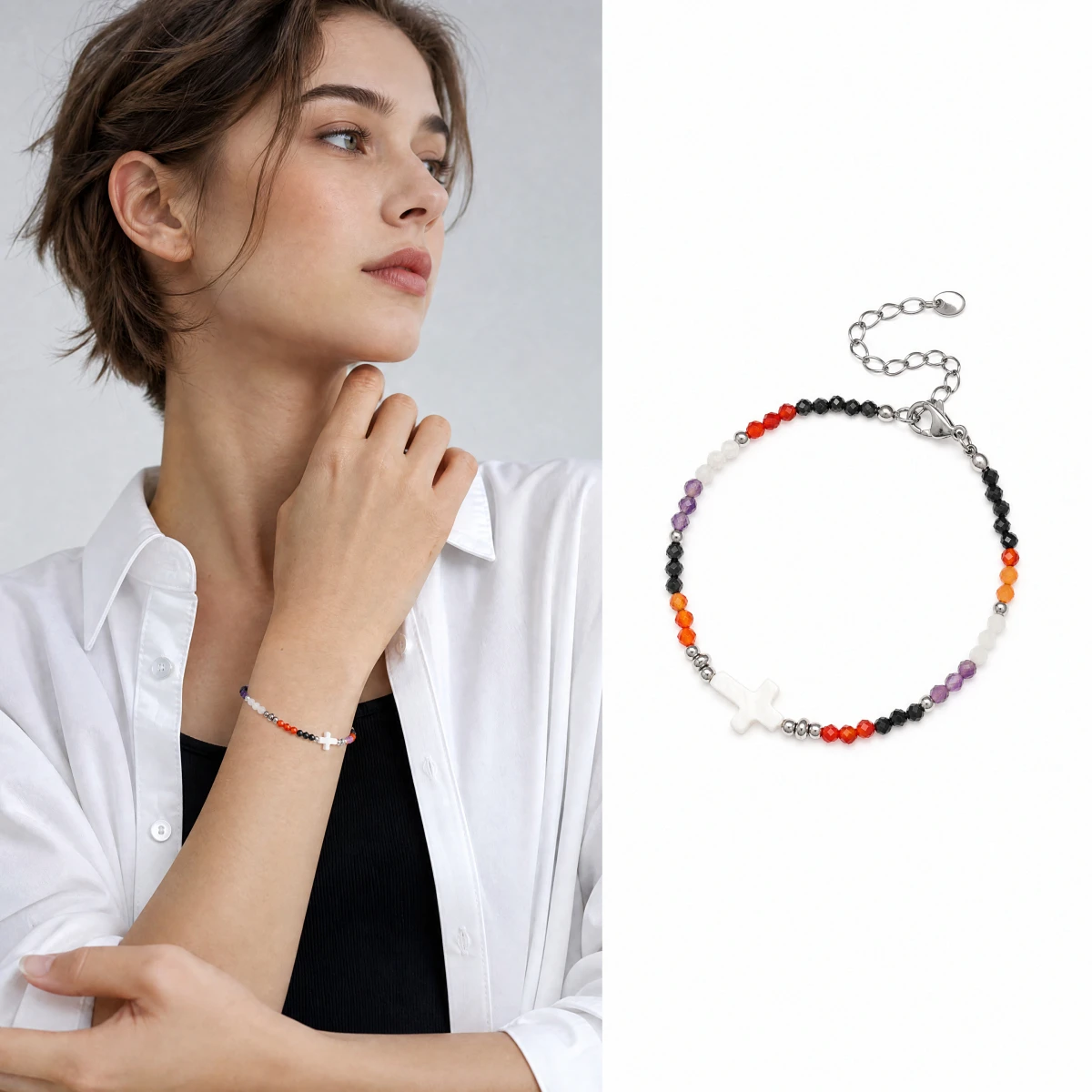 Faceted Multi Nature Stones White Mother of Pearl Cross Bracelet Stainless Steel Chain for Women Faith Chakra Protection Gift