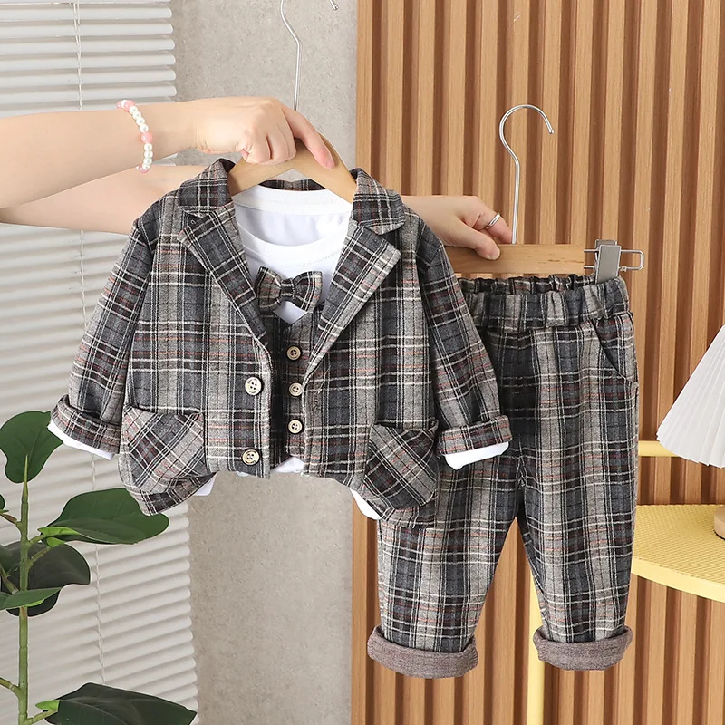 2024 Boys' Spring Fall Suit Set 3-Piece Formal Wear Kids Party Toddler Boys Birthday Fashion Easy Match Outfit