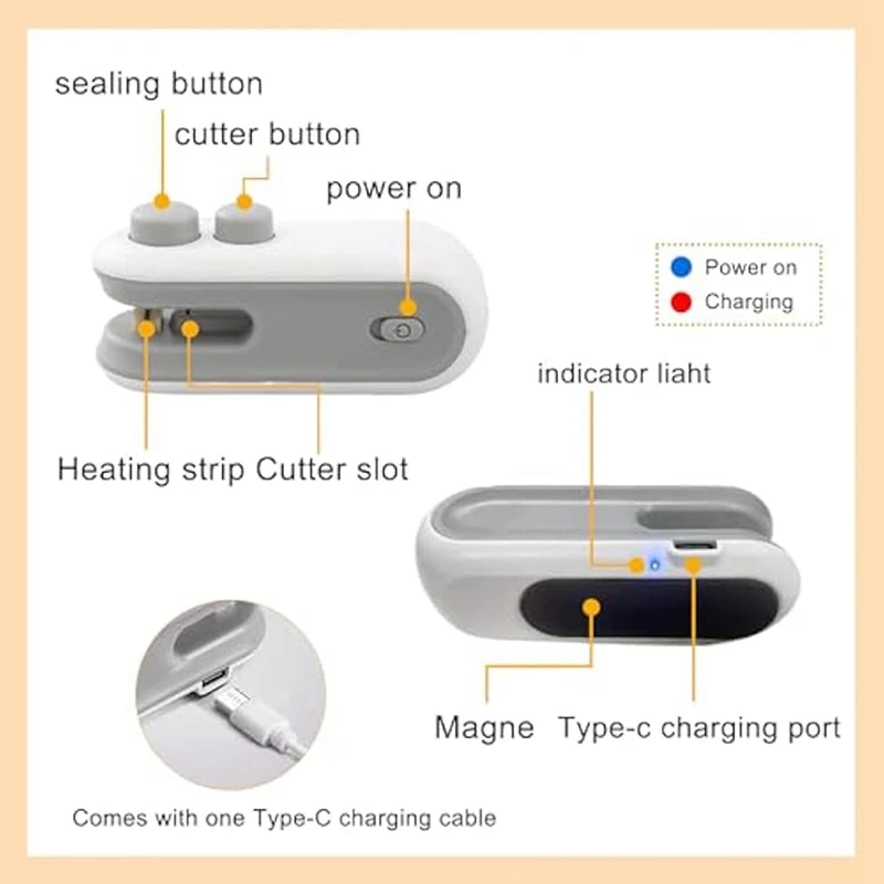 เครื่องซีลถุงขนาดเล็ก2ชิ้นเครื่องซีลถุงชิปชาร์จ USB ได้เครื่องมือปิดผนึกความร้อนเครื่องปิดผนึกอาหารแบบพกพาเครื่องซีลถุง