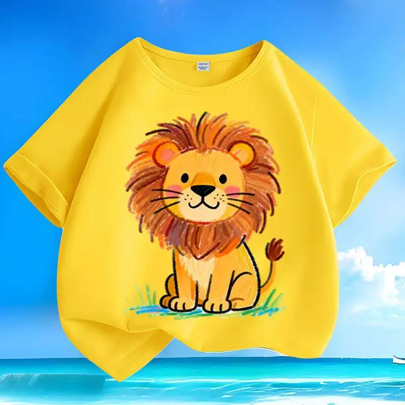 New Summer Graffiti Cute Lion Pure Cotton Printed Children's Round Neck T-shirt Loose Casual Short Sleeved Parent-child Top