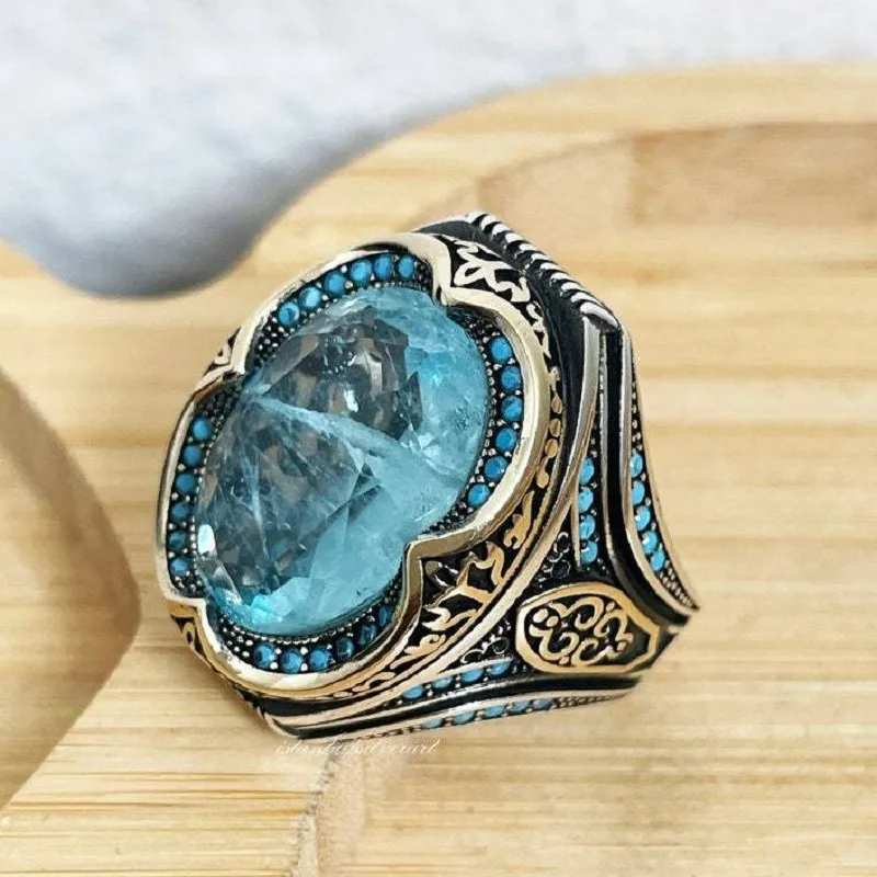 Vintage Pattern Carving Retro Oversized Sky Blue Gemstone Ring for Men Cool Masculine Statement Indian Style Male Finger Band