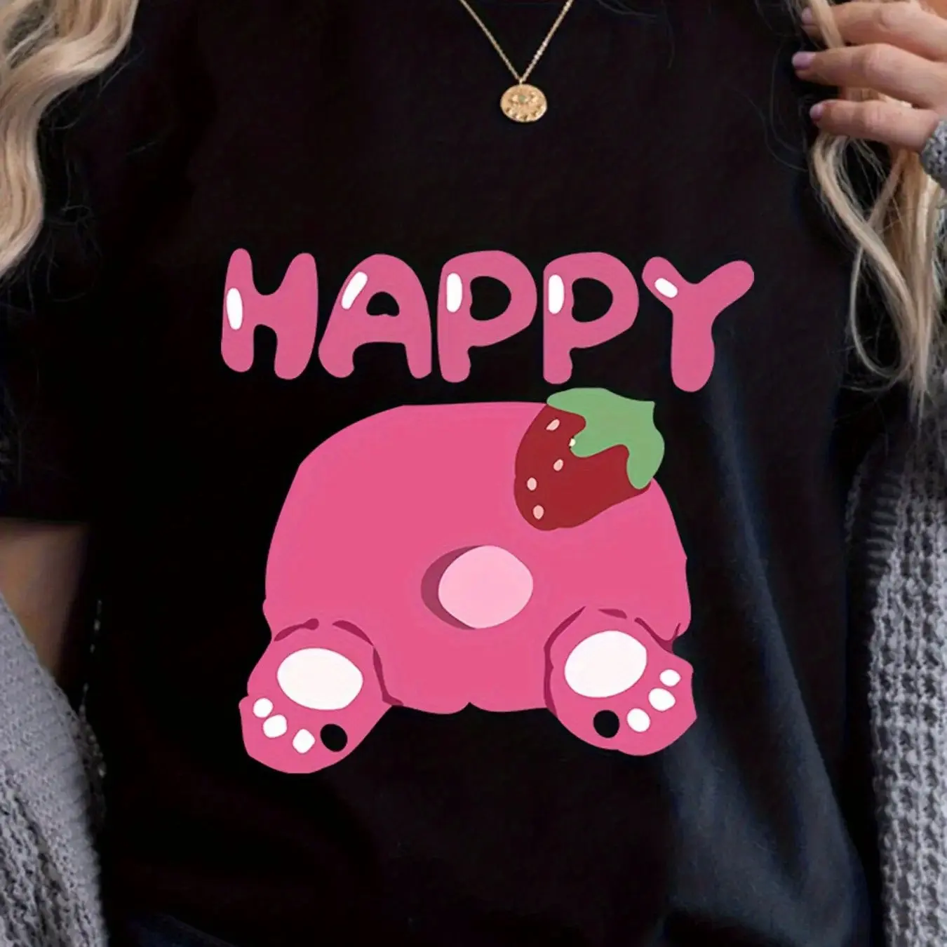 

Милый розовый клубничный медведь Disney и счастливая буква, повседневный топ с короткими рукавами и круглым вырезом больших размеров, весна/лето, машинная стирка