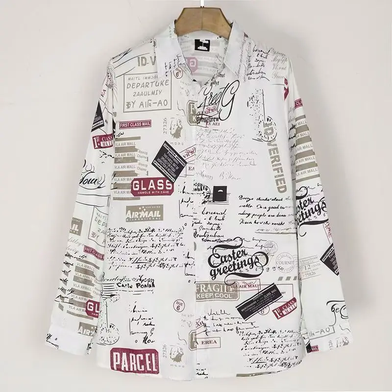 Newspaper Printing Print Hawaii Shirts Long Sleeve Shirt Men Oversized Beach Shirt Thailand Blouse Women Shirt Japanese Vacation