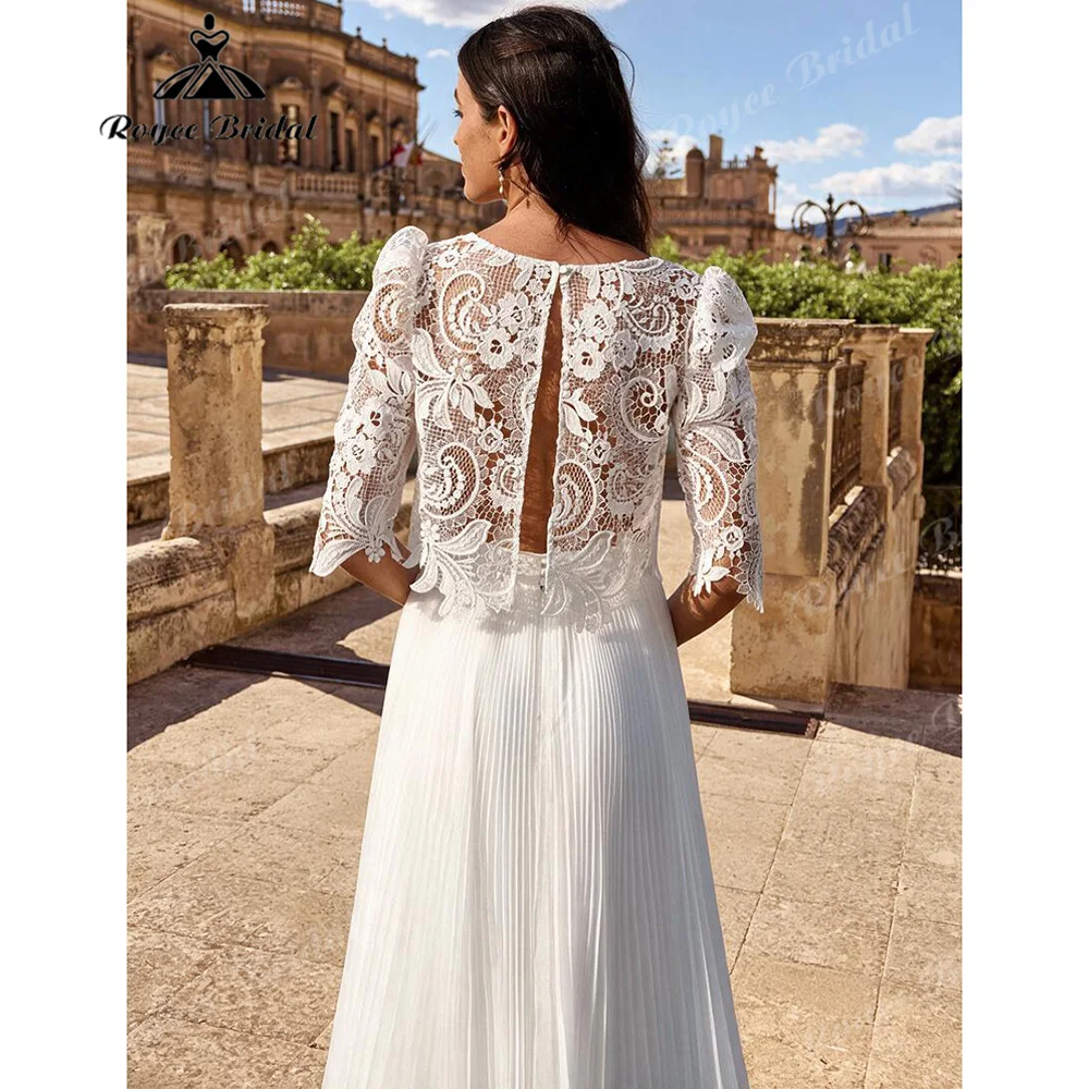 Two Piece Boho Wedding Dress V Neck Puff Sleeve Guipure Lace Crop Top High Waist Pleated Chiffon Skirt Beach Bridal Gown Custom