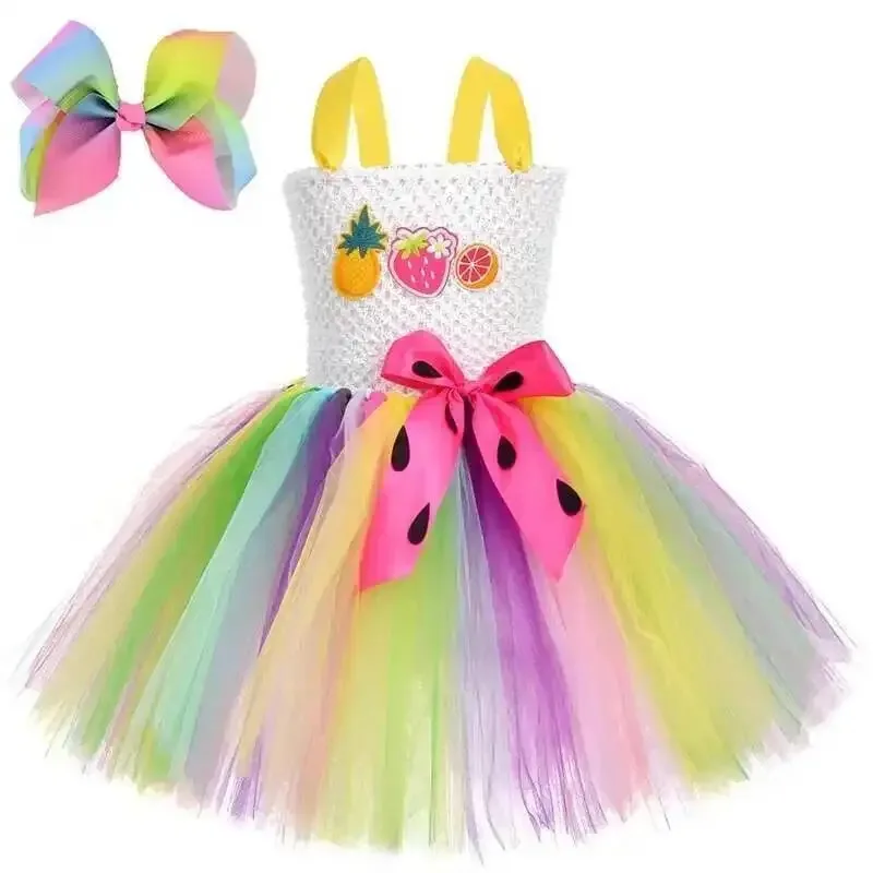 Girls' princess costume set with tulle tutu skirt, fruit printed princess dress matched with hair clips, Halloween party dress