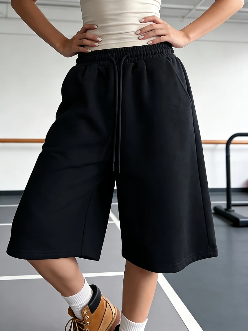 Solid color drawstring shorts, summer casual elastic waist shorts, women's clothing, sports casual shorts　 women shorts