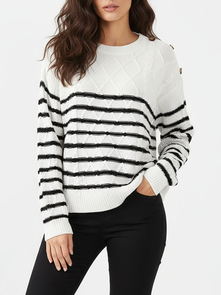 Maglioni lavorati a maglia a maniche lunghe autunnali da donna Texture a forma di diamante Pullover a strisce nere ZANZEA 2025 Abiti da donna per il fine settimana