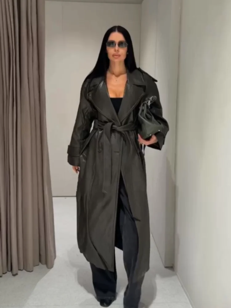 

Street PU Leather Women's Long Jacket V-neck Double Breasted Lace Up Solid Jackets 2025 Autumn Winter Chic New Lady Outerwears