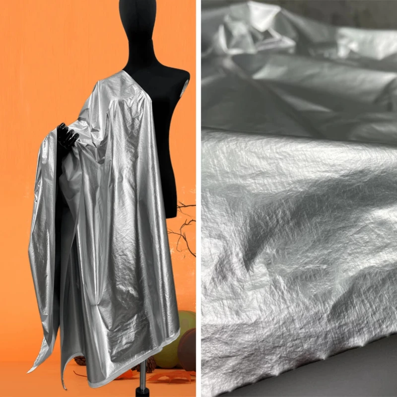 

Bright Silver Metallic Crinkle PU Coated Fabric Textured Quilted Jacket Material Lightweight Insulated Winter Outerwear Shell