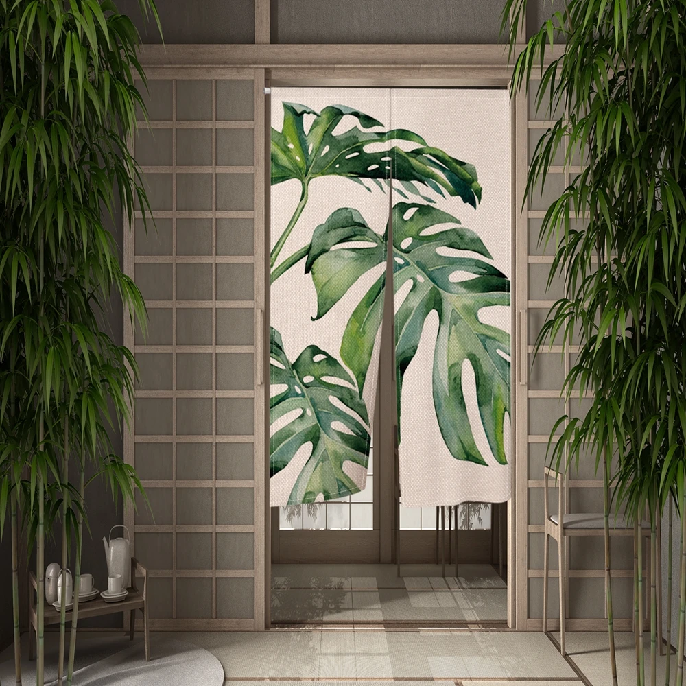 Green Leaf Door Curtain botanical Japanese Partition Hanging Curtain Kitchen Bedroom Entrance Doorway Decorative Noren Cortinas