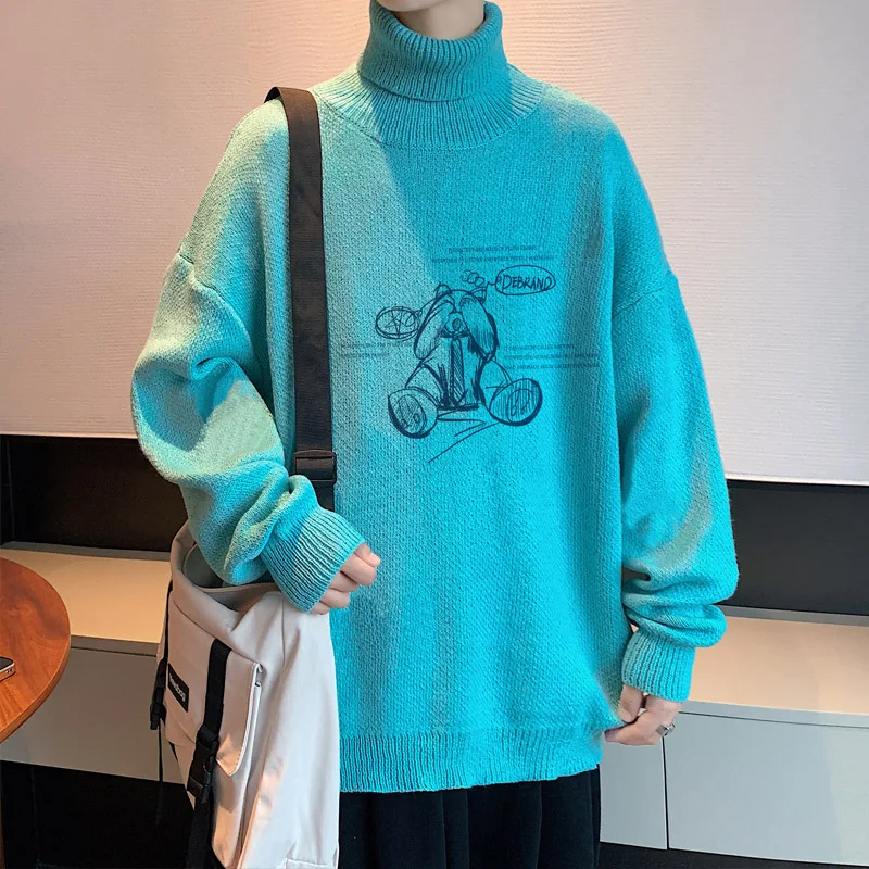 2022 Autumn and Winter New Men's Thickened Turtleneck Sweater All-match Trend Printing Sweater