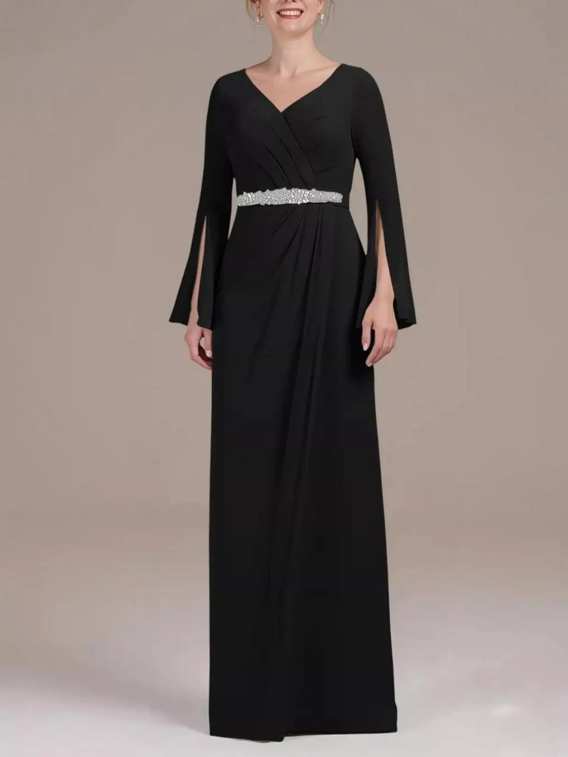 

Fashions A-line Mother of the Bride Dress Long Sleeve V-Neck Chiffon Beading Appliques Wedding Guest Dress 2025 Free Customized