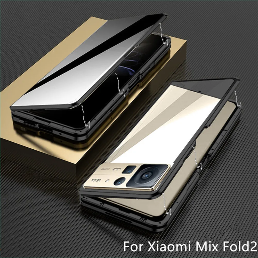 

Alloy Metal Frame Bumper Armor Magnetic Flip Case For Xiaomi Mix Fold2 Fold Privacy Anti-Spy HD Tempered Glass Protector Cover