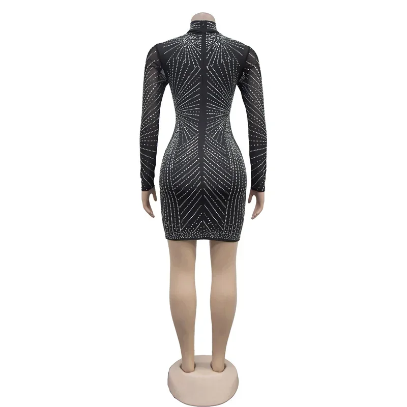 Herfst Vrouwen Mesh Mouw Bodycon Sexy Diamanten Feestjurk Verjaardag Sparkly Slanke Zwarte Nachtclub Strass Mini Jurk Dames