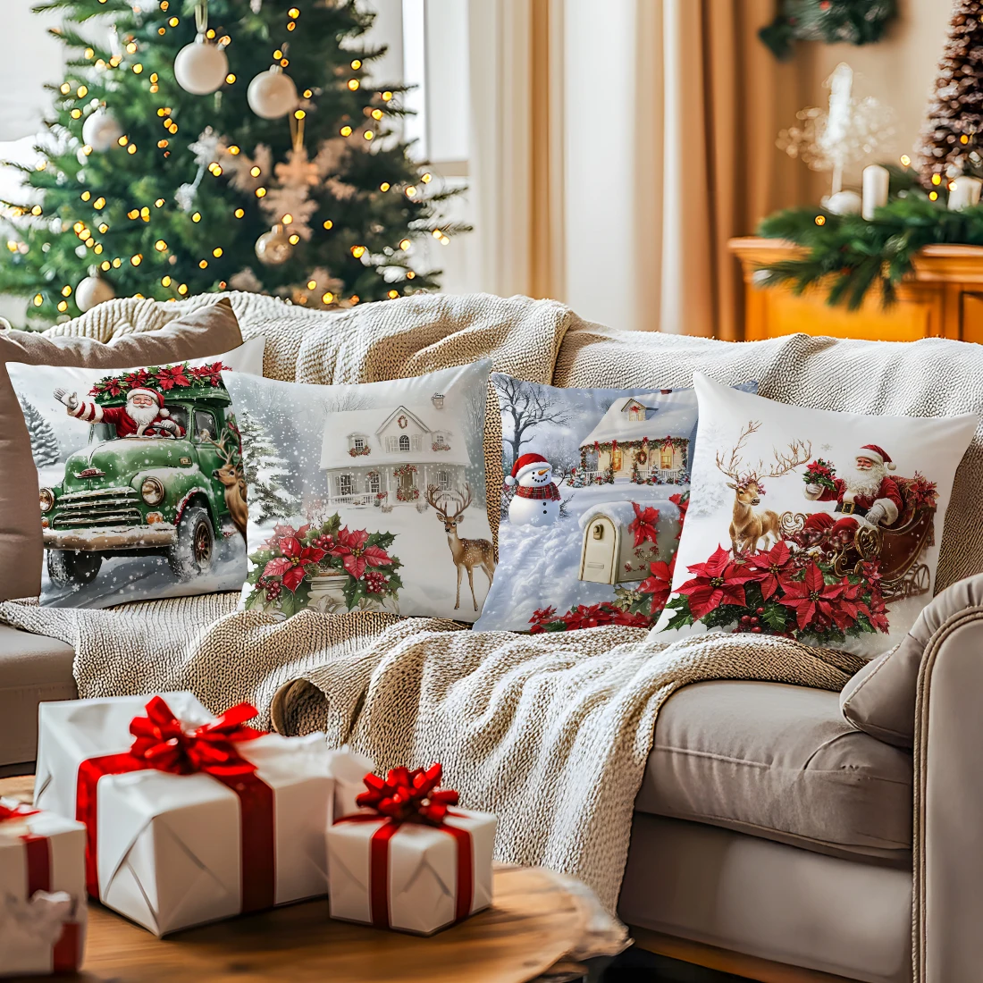 

Рождественская тематическая подушка, наволочка из полиэстера с принтом, 40/45/50 см, наволочка, декоративная подушка для дивана, наволочка, домашний декор