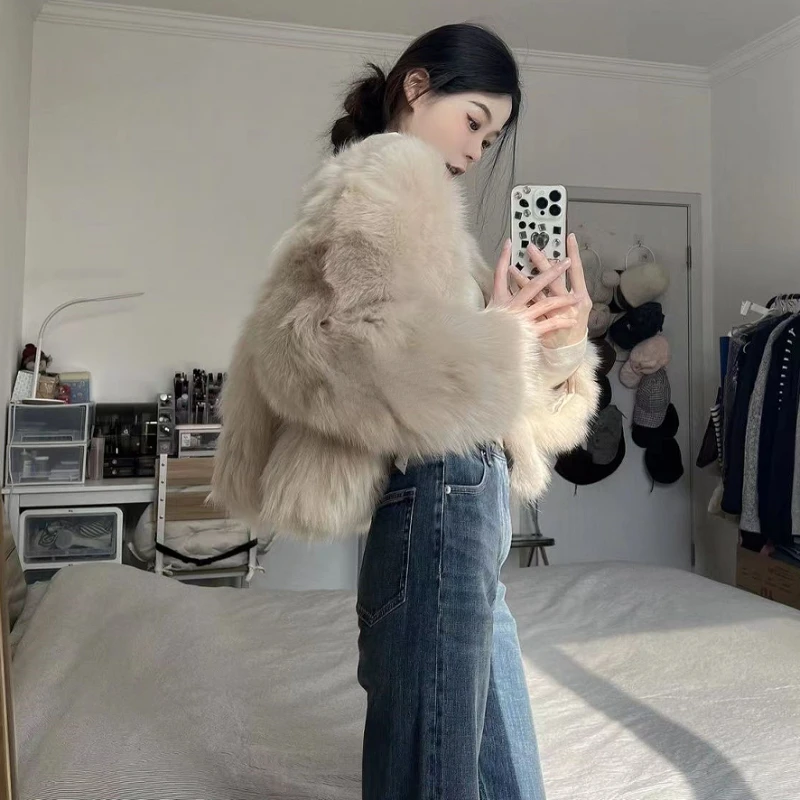 Winter Cropped Fur Jacket Women Short Fluffy Faux Fur Coat Long Sleeve French Romance Warm Furry Streetwear Design Women Clothes