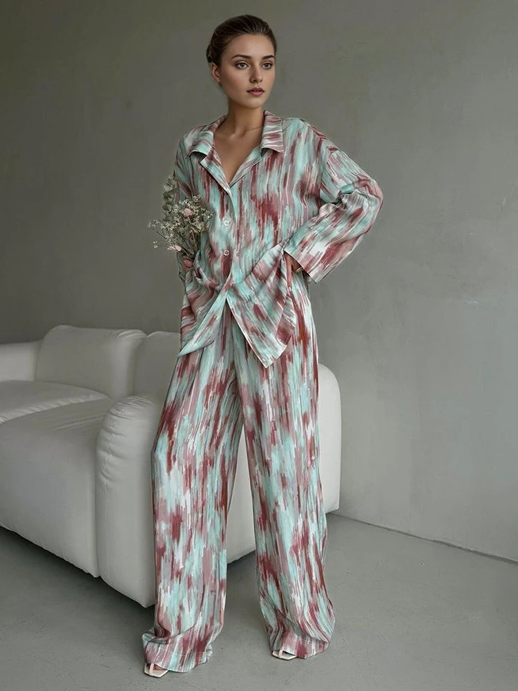 HiLoc Fashion Print Long Pants Pajamas Sets 2024 Female Autumn Long Sleeve Loose Shirt Nightwears Straight Pants Women Sleepwear