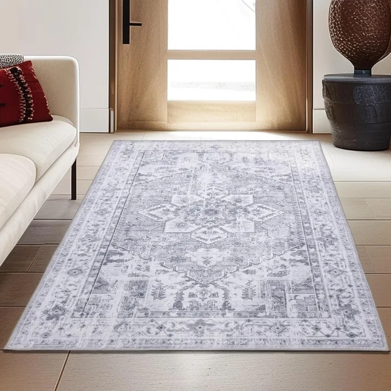 Vintage Grey Area Rug Boho Non Shedding Floor Carpet for Livingroom Bedroom Kitchen Entry Mat Washable Non Slip Stain Resistant