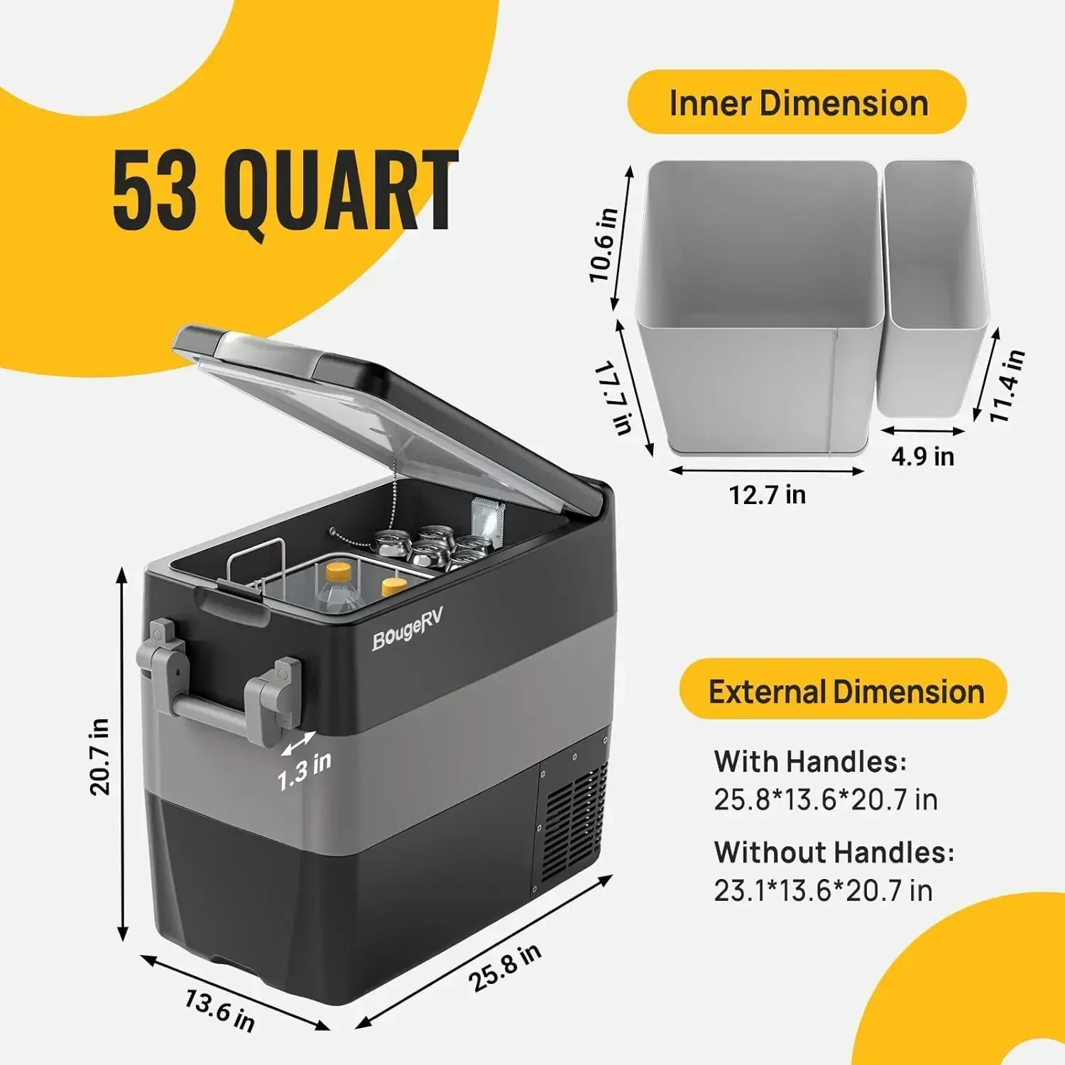 BougeRV 12V Geladeira Freezer Portátil para Carro 53 Quart Geladeira Portátil 12V/24V DC 110 ~ 240 Volts AC para RV Camper Truck