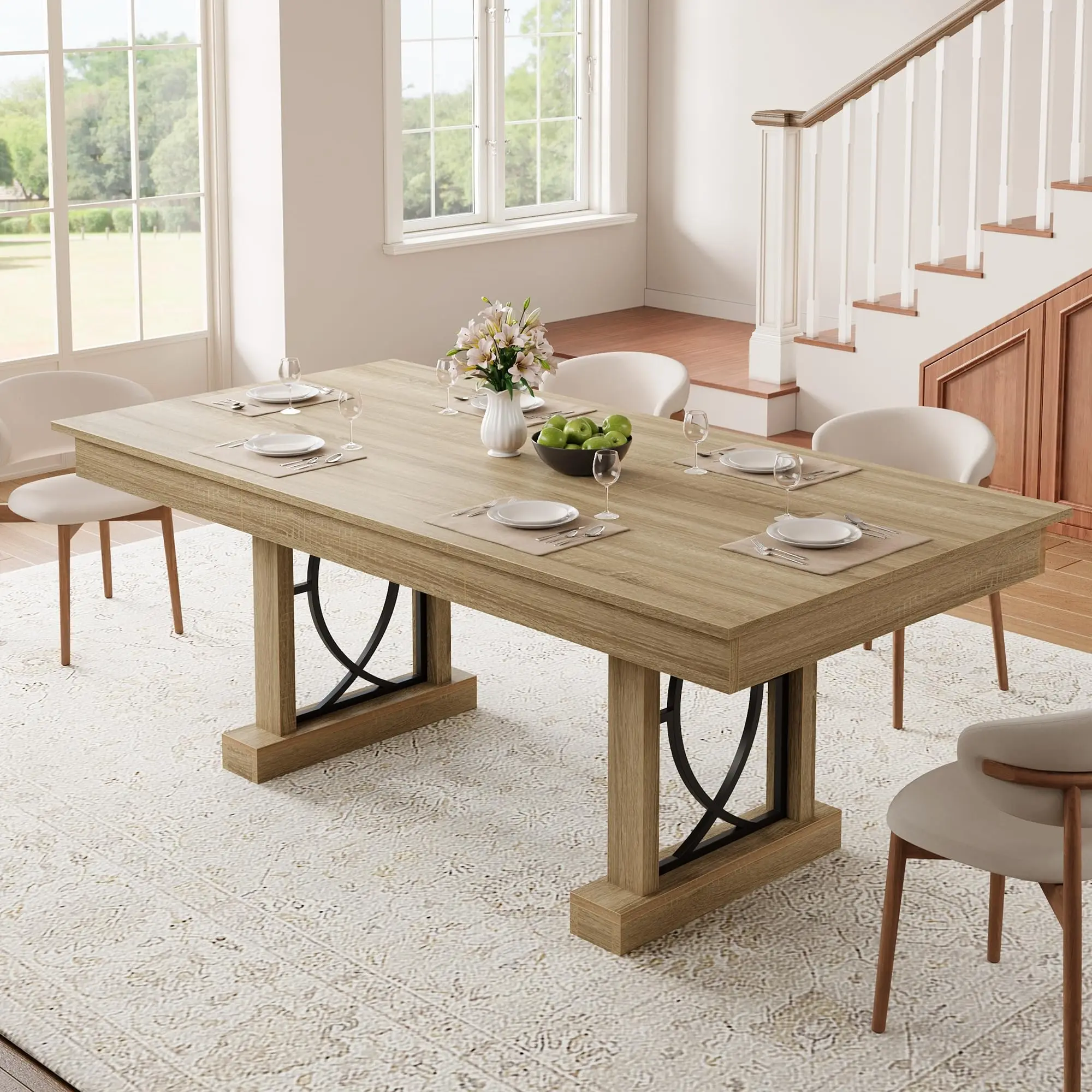71 Inch Dining Table For 6-8, Large Rectangular Kitchen Table With 2 Storage Drawers, Double Pedestal Wood Table For Dining Room