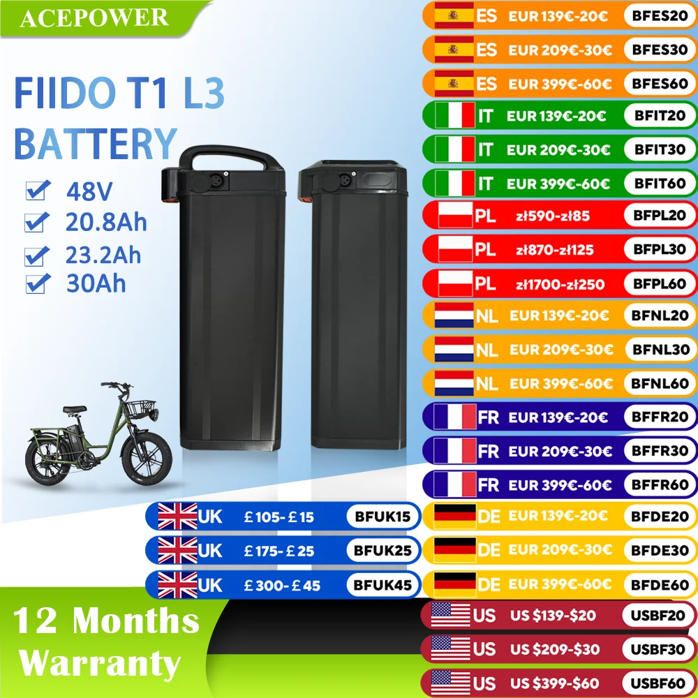 For Fiido T1 Heybike Explore Vivi Z8 Wallke H6 Engwe O14 Battery Ebike Battery 48V 20.8Ah 30Ah Folding Electric Bike Batteries