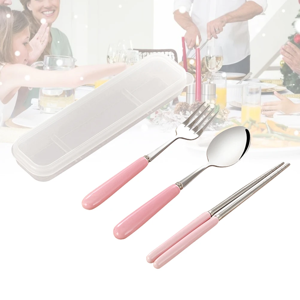 

Three-piece Set of Chopsticks Forks and Spoons Pink Cutlery Tableware Dinner Service Ceramics Good Grasp Stainless Steel