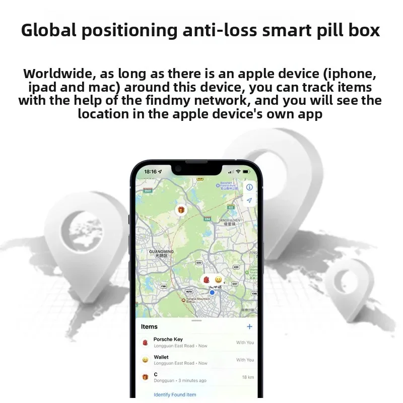 Find My-enabled Global Positioning Portable Alarm-style Smart Pillbox Anti-loss Medication-Reminder ABS Material