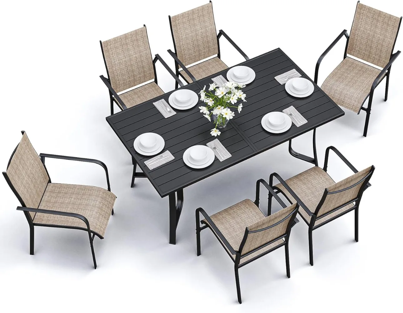 

7-Piece Outdoor Patio Dining Set - 6 Sling Chairs & 63" Steel Table, Weatherproof Low-Maintenance Furniture for Backyard