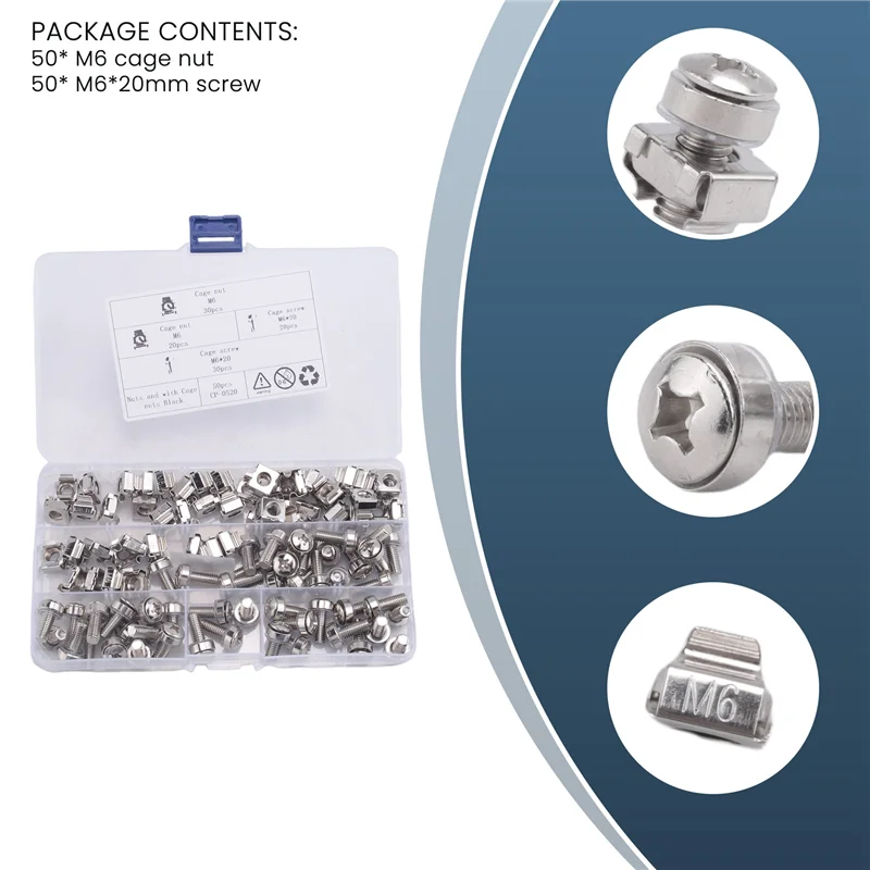 【Entrega rápida】50 conjuntos de porcas de gaiola de hardware de furo quadrado m6 e arruelas de parafusos de montagem para rack de servidor e gabinete (m6 x 20mm) (parafuso + wa